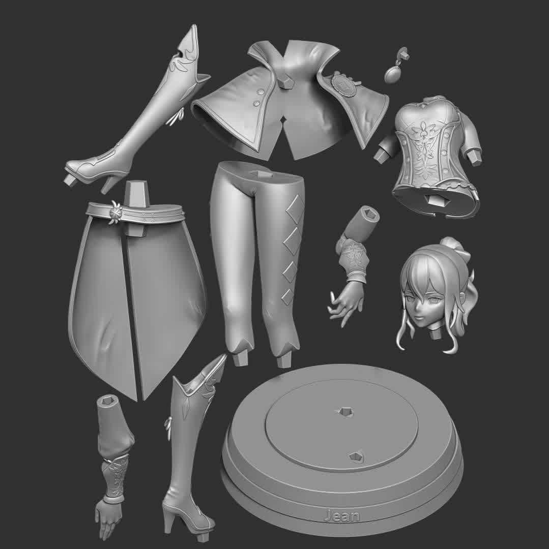 Jean - Genshin Impact Fanart - Jean Gunnhildr is a playable Anemo character in Genshin Impact.

When you purchase this model, you will own:

**- STL, OBJ file with 11 separated files (with key to connect together) is ready for 3D printing.**

**- Zbrush original files (ZTL) for you to customize as you like.**

_This is version 1.0 of this model._

Hope you like her. Thanks for viewing! - The best files for 3D printing in the world. Stl models divided into parts to facilitate 3D printing. All kinds of characters, decoration, cosplay, prosthetics, pieces. Quality in 3D printing. Affordable 3D models. Low cost. Collective purchases of 3D files.