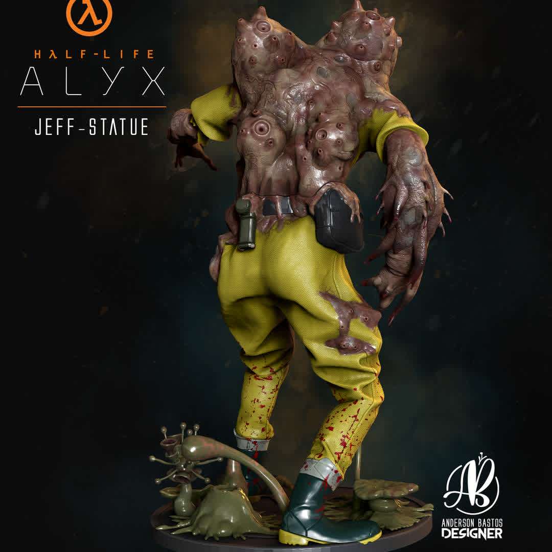 Jeff - Half-Life: Alyx - Model based on the 2020 VR game Half-Life: Alyx.
Jeff is a blind and hostile Xen monster that comes to life in this beautiful decorative piece measuring 200mm in height.
Divided into parts for better printing.

This STL and the resulting printout are for the purchaser's personal use only, and you are not permitted to modify, share or resell my work (Digital or Physical). Please support the artist and his works. - Os melhores arquivos para impressão 3D do mundo. Modelos stl divididos em partes para facilitar a impressão 3D. Todos os tipos de personagens, decoração, cosplay, próteses, peças. Qualidade na impressão 3D. Modelos 3D com preço acessível. Baixo custo. Compras coletivas de arquivos 3D.