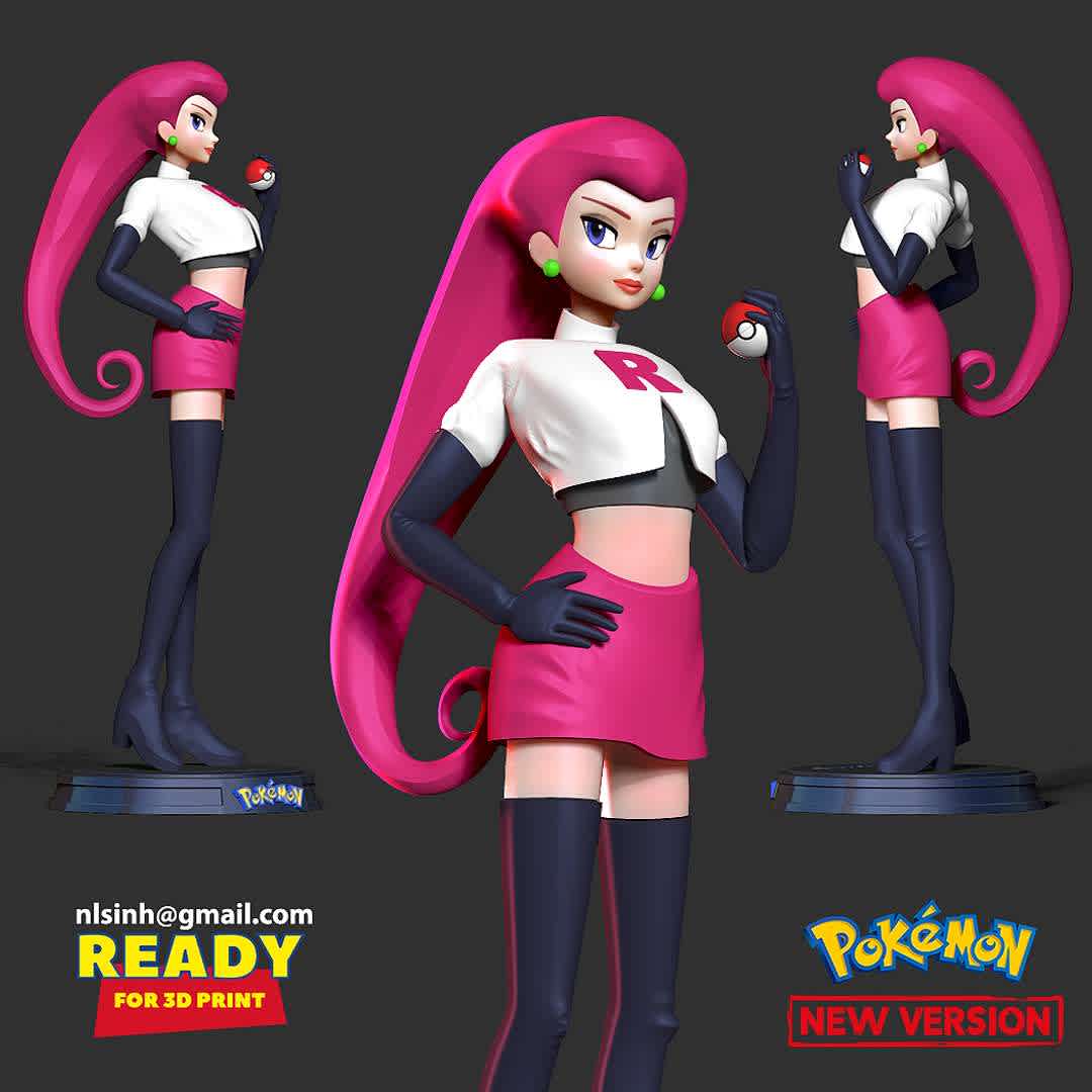 Jessie - Pokemon Fanart  - Jessie (Japanese: ムサシ Musashi) is a member of Team Rocket in the Pokémon anime, usually trying to steal Ash's Pikachu.

*Information: this model has a height of 15cm.*

When you purchase this model, you will own:

- STL, OBJ file with 05 separated files (with key to connect together) is ready for 3D printing.
- Zbrush original files (ZTL) for you to customize as you like.

**23rd July, 2020: This is version 1.0 of this model.

**8th June, 2022: version 1.1 - Repair the entire model, generate the key to be ready for 3D printing.

Thanks so much for viewing my model!

Hope you guys like her :) - The best files for 3D printing in the world. Stl models divided into parts to facilitate 3D printing. All kinds of characters, decoration, cosplay, prosthetics, pieces. Quality in 3D printing. Affordable 3D models. Low cost. Collective purchases of 3D files.