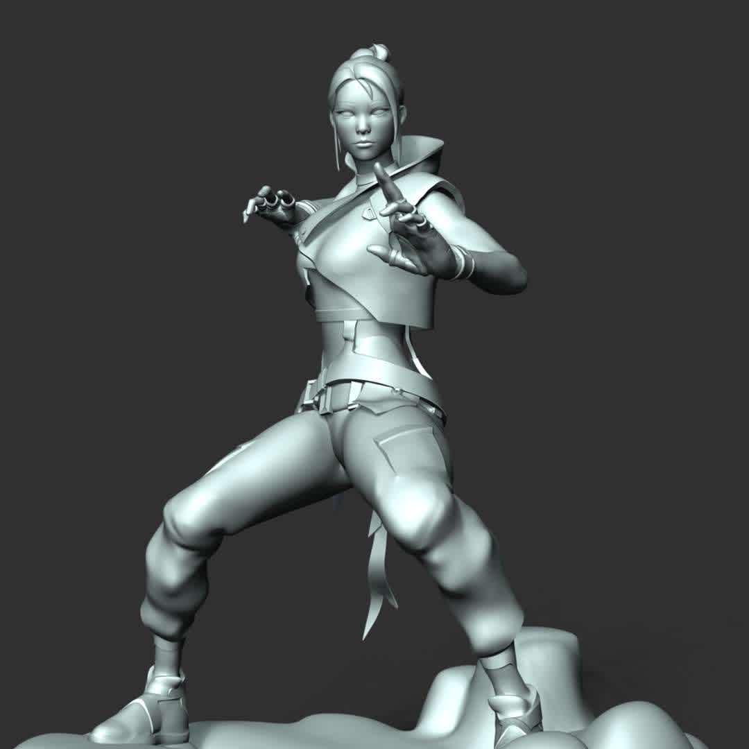 Jett - Valorant - Representing her home country of South Korea, Jett's agile and evasive fighting style lets her take risks no one else can. She runs circles around every skirmish, cutting enemies before they even know what hit them.

These information details of this model:

- Files format: STL, OBJ (included 04 separated files is ready for 3D printing). 
 - Zbrush original file (ZTL) for you to customize as you like.
 - The height is 18 cm
 - The version 1.0 

Hope you like her.
Don't hesitate to contact me if there are any problems during printing the model - Los mejores archivos para impresión 3D del mundo. Modelos Stl divididos en partes para facilitar la impresión 3D. Todo tipo de personajes, decoración, cosplay, prótesis, piezas. Calidad en impresión 3D. Modelos 3D asequibles. Bajo costo. Compras colectivas de archivos 3D.