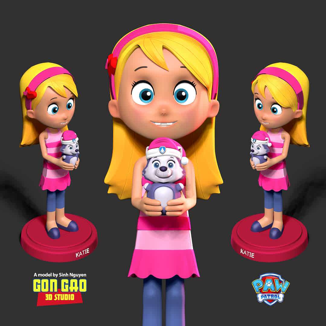 Katie - Paw Patrol Fanart  - "Katie is a young girl who works as a pet groomer and doctor at the local pet parlor."

Basic parameters:

- STL format for 3D printing with 06 discrete objects
- Model height: 20cm
- Version 1.0: Polygons: 1772307 & Vertices: 1019954

Model ready for 3D printing.

Please vote positively for me if you find this model useful. - The best files for 3D printing in the world. Stl models divided into parts to facilitate 3D printing. All kinds of characters, decoration, cosplay, prosthetics, pieces. Quality in 3D printing. Affordable 3D models. Low cost. Collective purchases of 3D files.