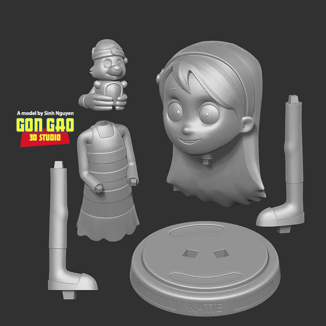 Katie - Paw Patrol Fanart  - "Katie is a young girl who works as a pet groomer and doctor at the local pet parlor."

Basic parameters:

- STL format for 3D printing with 06 discrete objects
- Model height: 20cm
- Version 1.0: Polygons: 1772307 & Vertices: 1019954

Model ready for 3D printing.

Please vote positively for me if you find this model useful. - The best files for 3D printing in the world. Stl models divided into parts to facilitate 3D printing. All kinds of characters, decoration, cosplay, prosthetics, pieces. Quality in 3D printing. Affordable 3D models. Low cost. Collective purchases of 3D files.