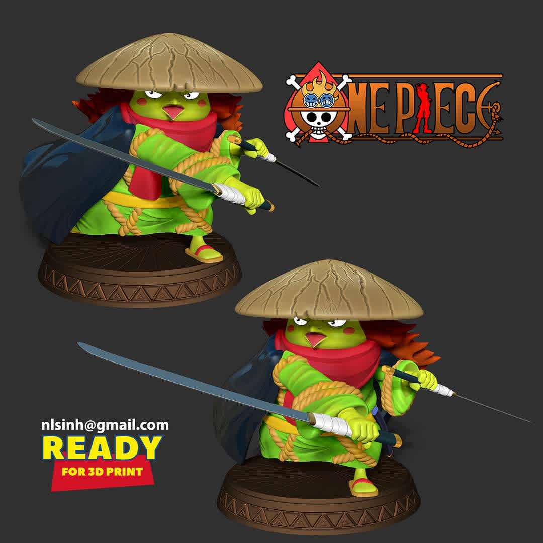 Kawamatsu the Kappa  - Kawamatsu the Kappa is one of the major characters of One Piece Wano Country Arc.

Information: this model has a height of 10cm.

When you purchase this model, you will own:

-STL, OBJ file with 07 separated files (with key to connect together) is ready for 3D printing.

-Zbrush original files (ZTL) for you to customize as you like.

This is version 1.0 of this model.

Hope you like her. Thanks for viewing! - Los mejores archivos para impresión 3D del mundo. Modelos Stl divididos en partes para facilitar la impresión 3D. Todo tipo de personajes, decoración, cosplay, prótesis, piezas. Calidad en impresión 3D. Modelos 3D asequibles. Bajo costo. Compras colectivas de archivos 3D.