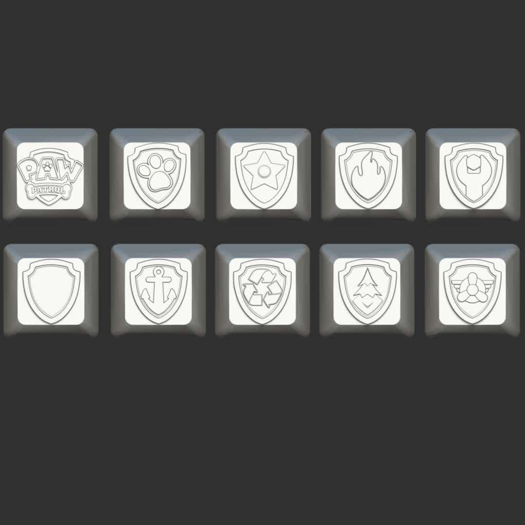 Keycaps Paw Patrol Badge - **- Format files: STL, OBJ to supporting 3D printing.**

The List  keycap includes:
**- Logo paw troll team**

**- Badge team**

**- Chase Badge**

**- Marshall Badge**

**- Rubble Badge**

**- Skye Badge**

**- Rocky Badge**

**- Everest Badge**

**- Zuma Badge**

**- Tracker Badge**

Please don't hesitate to contact me if you have any issues question. - Los mejores archivos para impresión 3D del mundo. Modelos Stl divididos en partes para facilitar la impresión 3D. Todo tipo de personajes, decoración, cosplay, prótesis, piezas. Calidad en impresión 3D. Modelos 3D asequibles. Bajo costo. Compras colectivas de archivos 3D.