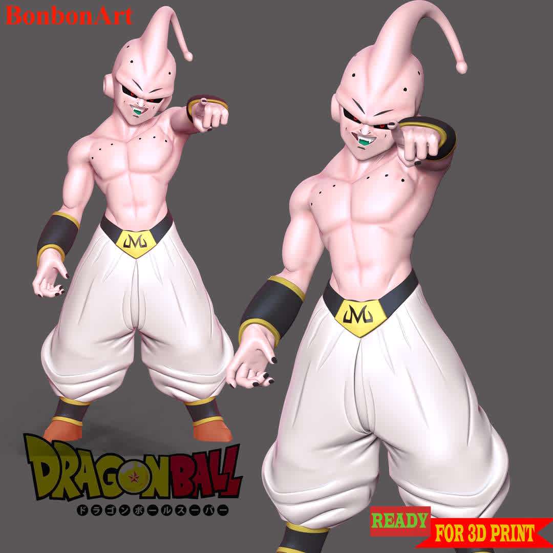 Kid Buu - Dragon Ball Fanart - Kid Buu (魔ま人じんブウ　（純じゅん粋すい） Majin Bū　(Junsui), lit. "Demon Person Boo (Pure)") is the original, pure form of Majin Buu.

These information details of this model:

 - Files format: STL, OBJ (included 03 separated files is ready for 3D printing). 
 - Zbrush original file (ZTL) for you to customize as you like.
 - The height is 16 cm
 - The version 1.0 

Hope you like him.
Don't hesitate to contact me if there are any problems during printing the model.  - The best files for 3D printing in the world. Stl models divided into parts to facilitate 3D printing. All kinds of characters, decoration, cosplay, prosthetics, pieces. Quality in 3D printing. Affordable 3D models. Low cost. Collective purchases of 3D files.