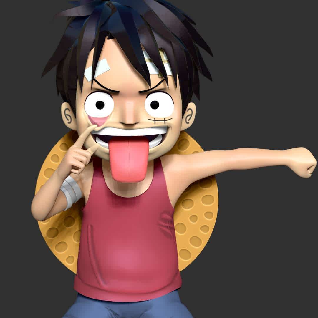 Kid Monkey Luffy - Information: this model has a height of 10cm.

When you purchase this model, you will own:

-STL, OBJ file with 04 separated files (with key to connect together) is ready for 3D printing.

-Zbrush original files (ZTL) for you to customize as you like.

This is version 1.0 of this model.

Hope you like her. Thanks for viewing! - The best files for 3D printing in the world. Stl models divided into parts to facilitate 3D printing. All kinds of characters, decoration, cosplay, prosthetics, pieces. Quality in 3D printing. Affordable 3D models. Low cost. Collective purchases of 3D files.