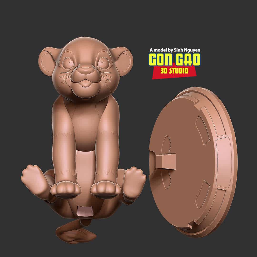 Kid Simba - Version 01: https://co3d.art/m/young-simba

Basic parameters:

- STL format for 3D printing with 02 discrete objects
- Model height: 15cm
- Version 1.0 - Polygons: 896055 & Vertices: 526409

Model ready for 3D printing.

Please vote positively for me if you find this model useful. - Os melhores arquivos para impressão 3D do mundo. Modelos stl divididos em partes para facilitar a impressão 3D. Todos os tipos de personagens, decoração, cosplay, próteses, peças. Qualidade na impressão 3D. Modelos 3D com preço acessível. Baixo custo. Compras coletivas de arquivos 3D.