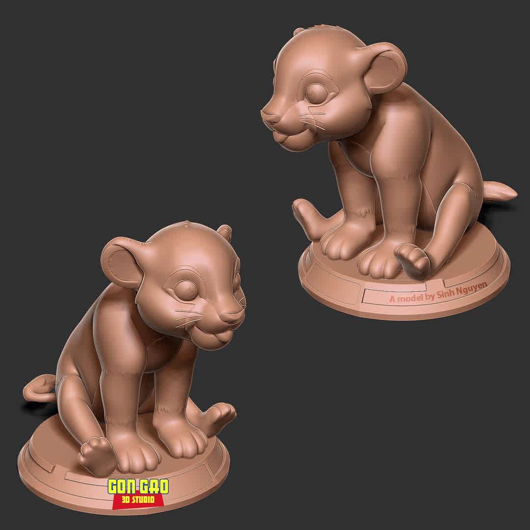 Kid Simba - Version 01: https://co3d.art/m/young-simba

Basic parameters:

- STL format for 3D printing with 02 discrete objects
- Model height: 15cm
- Version 1.0 - Polygons: 896055 & Vertices: 526409

Model ready for 3D printing.

Please vote positively for me if you find this model useful. - The best files for 3D printing in the world. Stl models divided into parts to facilitate 3D printing. All kinds of characters, decoration, cosplay, prosthetics, pieces. Quality in 3D printing. Affordable 3D models. Low cost. Collective purchases of 3D files.