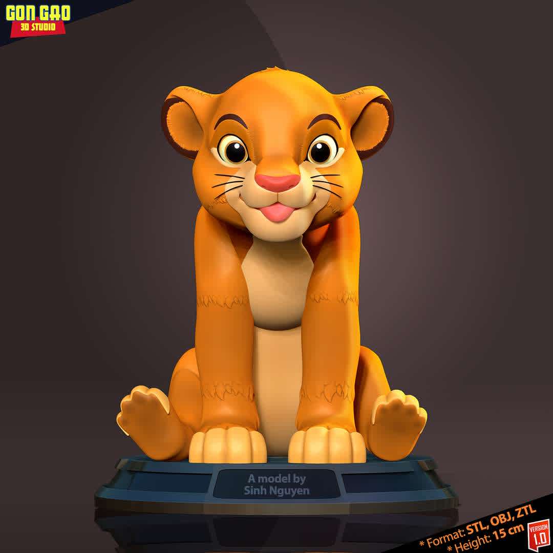 Kid Simba - Version 01: https://co3d.art/m/young-simba

Basic parameters:

- STL format for 3D printing with 02 discrete objects
- Model height: 15cm
- Version 1.0 - Polygons: 896055 & Vertices: 526409

Model ready for 3D printing.

Please vote positively for me if you find this model useful. - Los mejores archivos para impresión 3D del mundo. Modelos Stl divididos en partes para facilitar la impresión 3D. Todo tipo de personajes, decoración, cosplay, prótesis, piezas. Calidad en impresión 3D. Modelos 3D asequibles. Bajo costo. Compras colectivas de archivos 3D.