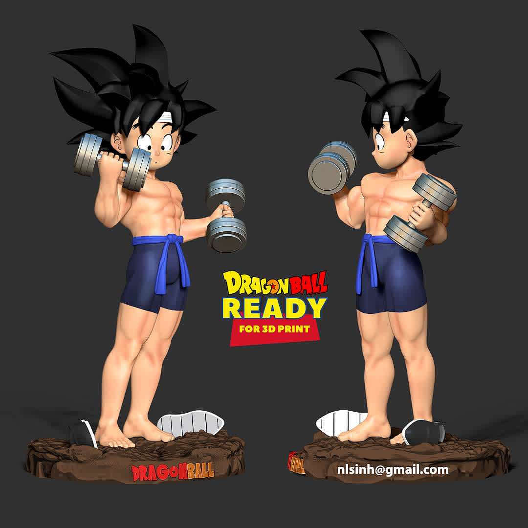 Kid Son Goku with gym - **To improve his health, Son Goku went to the gym.**

+ Information: this model has a height of 15cm.

When you purchase this model, you will own:

- STL, OBJ file with 07 separated files (with key to connect together) is ready for 3D printing.
- Zbrush original files (ZTL) for you to customize as you like.

This is version 1.0 of this model.

Hope you like him. Thanks for viewing! - The best files for 3D printing in the world. Stl models divided into parts to facilitate 3D printing. All kinds of characters, decoration, cosplay, prosthetics, pieces. Quality in 3D printing. Affordable 3D models. Low cost. Collective purchases of 3D files.