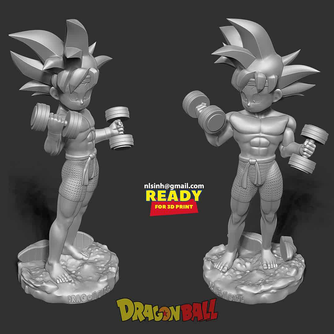 Kid Son Goku with gym - **To improve his health, Son Goku went to the gym.**

+ Information: this model has a height of 15cm.

When you purchase this model, you will own:

- STL, OBJ file with 07 separated files (with key to connect together) is ready for 3D printing.
- Zbrush original files (ZTL) for you to customize as you like.

This is version 1.0 of this model.

Hope you like him. Thanks for viewing! - The best files for 3D printing in the world. Stl models divided into parts to facilitate 3D printing. All kinds of characters, decoration, cosplay, prosthetics, pieces. Quality in 3D printing. Affordable 3D models. Low cost. Collective purchases of 3D files.