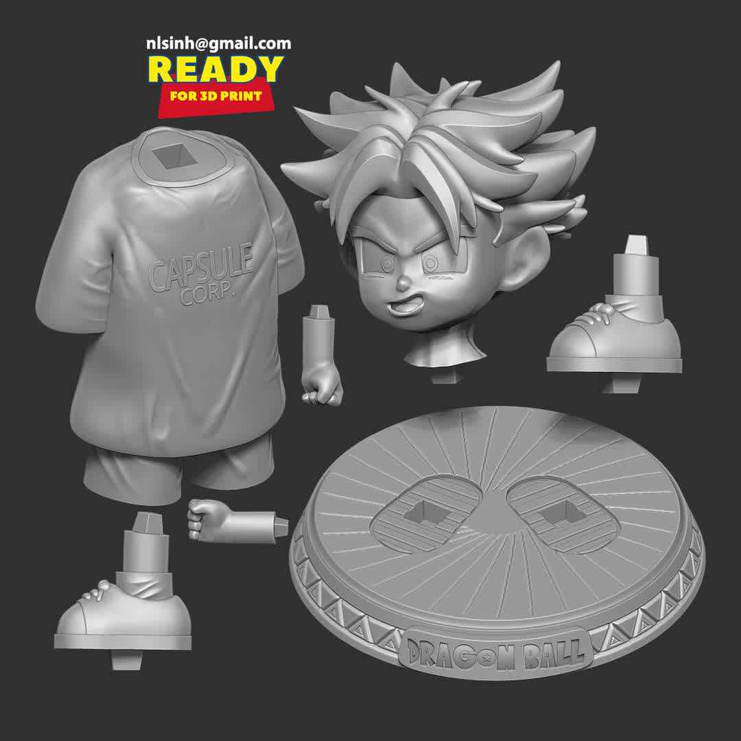 Kid Trunks - Dragon Ball  - Trunks (トランクス, Torankusu) is a Human/Saiyan hybrid, the firstborn child and only son of Vegeta and Bulma and the elder brother of Bulla.

When you purchase this model, you will own:

-STL, OBJ file with 07 separated files (with key to connect together) is ready for 3D printing.

-Zbrush original files (ZTL) for you to customize as you like.

This is version 1.0 of this model.

Hope you like him. Thanks for viewing! - Os melhores arquivos para impressão 3D do mundo. Modelos stl divididos em partes para facilitar a impressão 3D. Todos os tipos de personagens, decoração, cosplay, próteses, peças. Qualidade na impressão 3D. Modelos 3D com preço acessível. Baixo custo. Compras coletivas de arquivos 3D.