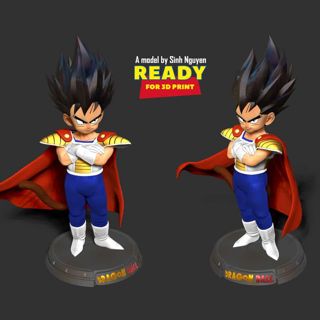 Kid Vegeta - Kid Vegeta is the child version of Vegeta who appears as a character in the Dragon Ball Series.

Basic parameters:

- STL, OBJ format for 3D printing with 04 discrete objects
- ZTL format for Zbrush (version 2019.1.2 or later)
- Model height: 20cm
- Version 1.0 - Polygons: 1820376 & Vertices: 962908

Model ready for 3D printing.

Please vote positively for me if you find this model useful. - The best files for 3D printing in the world. Stl models divided into parts to facilitate 3D printing. All kinds of characters, decoration, cosplay, prosthetics, pieces. Quality in 3D printing. Affordable 3D models. Low cost. Collective purchases of 3D files.