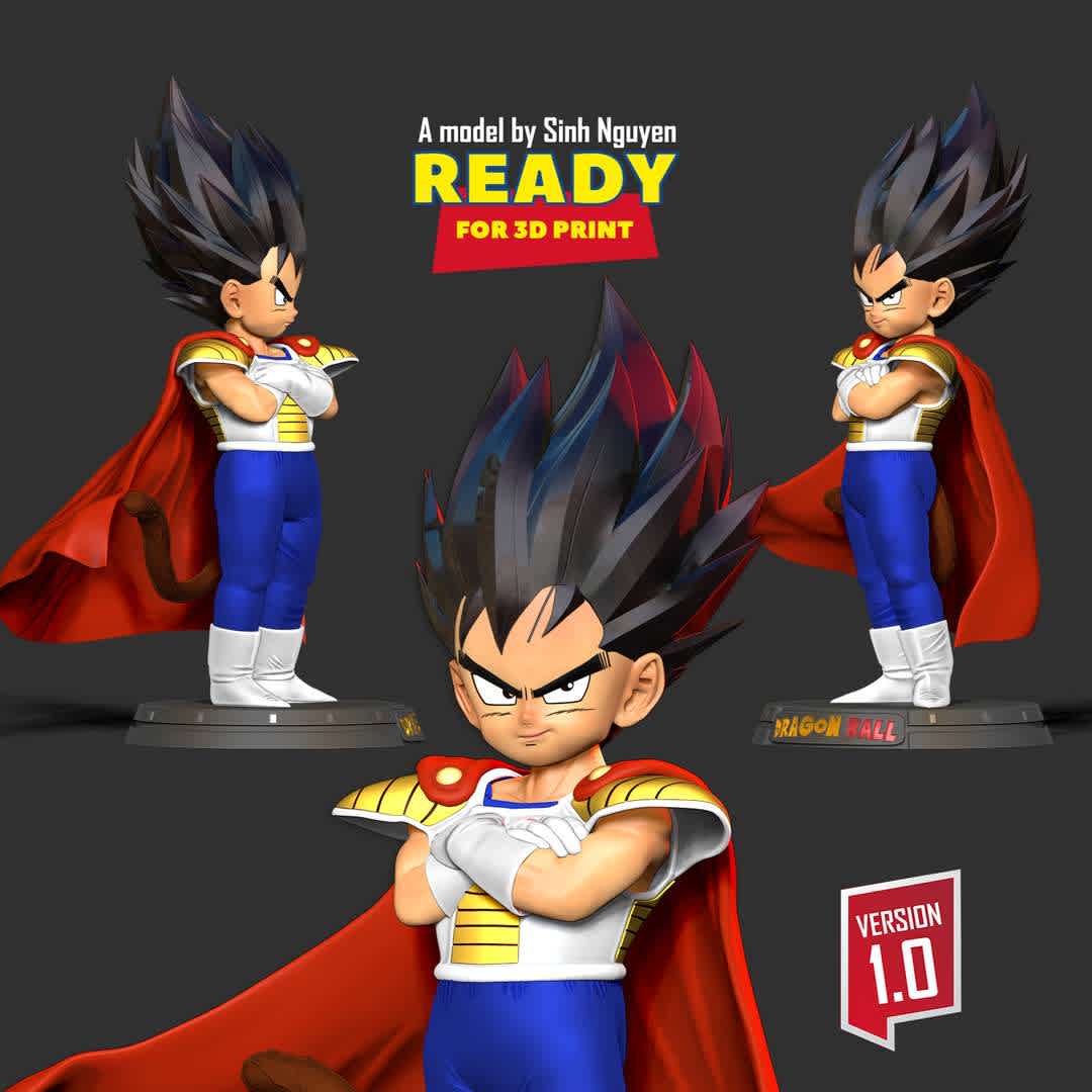 Kid Vegeta - Kid Vegeta is the child version of Vegeta who appears as a character in the Dragon Ball Series.

Basic parameters:

- STL, OBJ format for 3D printing with 04 discrete objects
- ZTL format for Zbrush (version 2019.1.2 or later)
- Model height: 20cm
- Version 1.0 - Polygons: 1820376 & Vertices: 962908

Model ready for 3D printing.

Please vote positively for me if you find this model useful. - The best files for 3D printing in the world. Stl models divided into parts to facilitate 3D printing. All kinds of characters, decoration, cosplay, prosthetics, pieces. Quality in 3D printing. Affordable 3D models. Low cost. Collective purchases of 3D files.