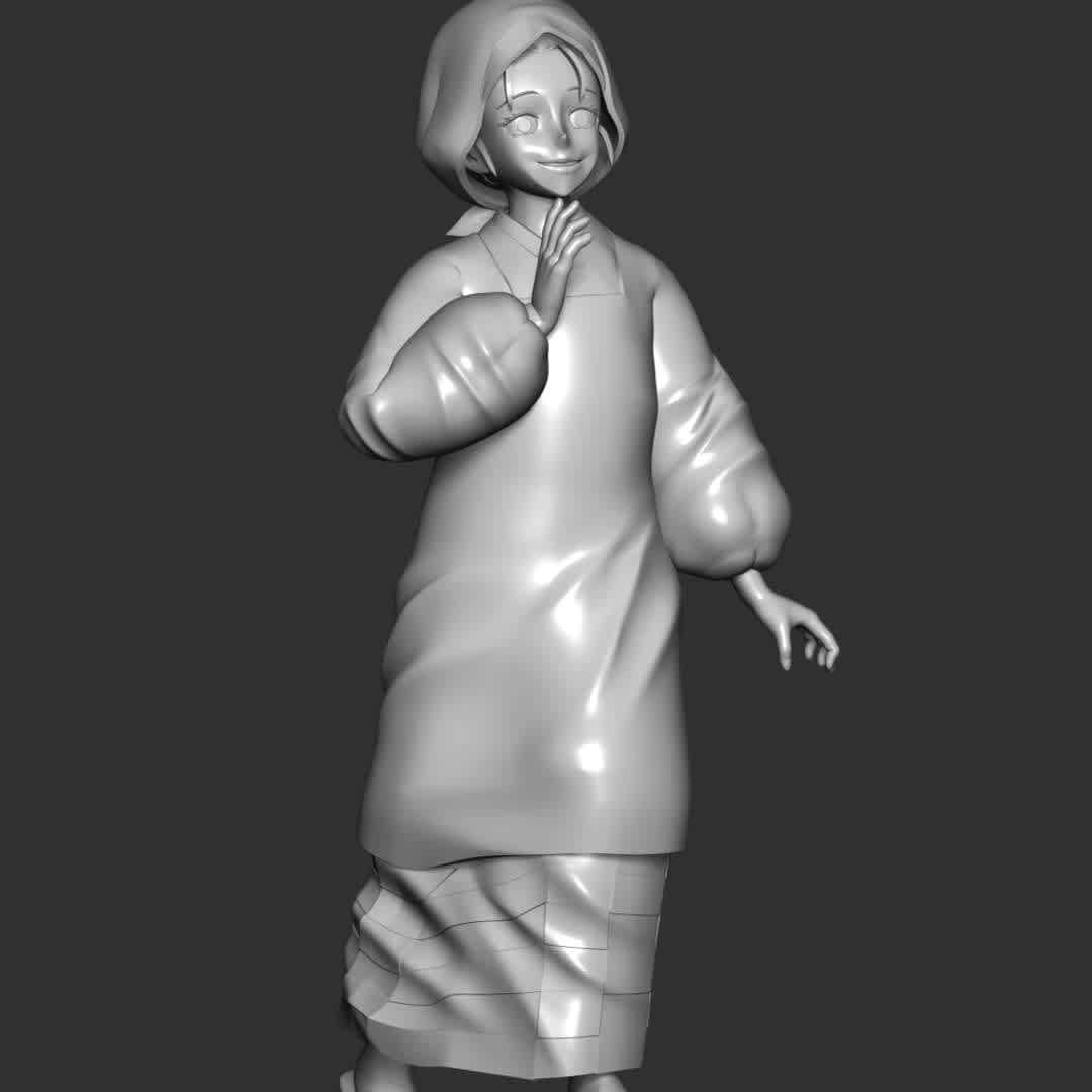 Kie Kamado Demon Slayer Kimetsu no Yaiba  - **Kie Kamado is a minor character in Demon Slayer: Kimetsu no Yaiba. She was the wife of Tanjuro Kamado and the mother of Tanjiro and Nezuko Kamado.**

**The model ready for 3D printing.**

These information of model:

**- The height of current model is 20 cm and you can free to scale it.**

**- Format files: STL, OBJ to supporting 3D printing.**

**- Can be assembled without glue (glue is optional)**

**- Split down to 3 parts**

**- ZTL format for Zbrush for you to customize as you like.**

Please don't hesitate to contact me if you have any issues question.

If you see this model useful, please vote positively for it. - The best files for 3D printing in the world. Stl models divided into parts to facilitate 3D printing. All kinds of characters, decoration, cosplay, prosthetics, pieces. Quality in 3D printing. Affordable 3D models. Low cost. Collective purchases of 3D files.