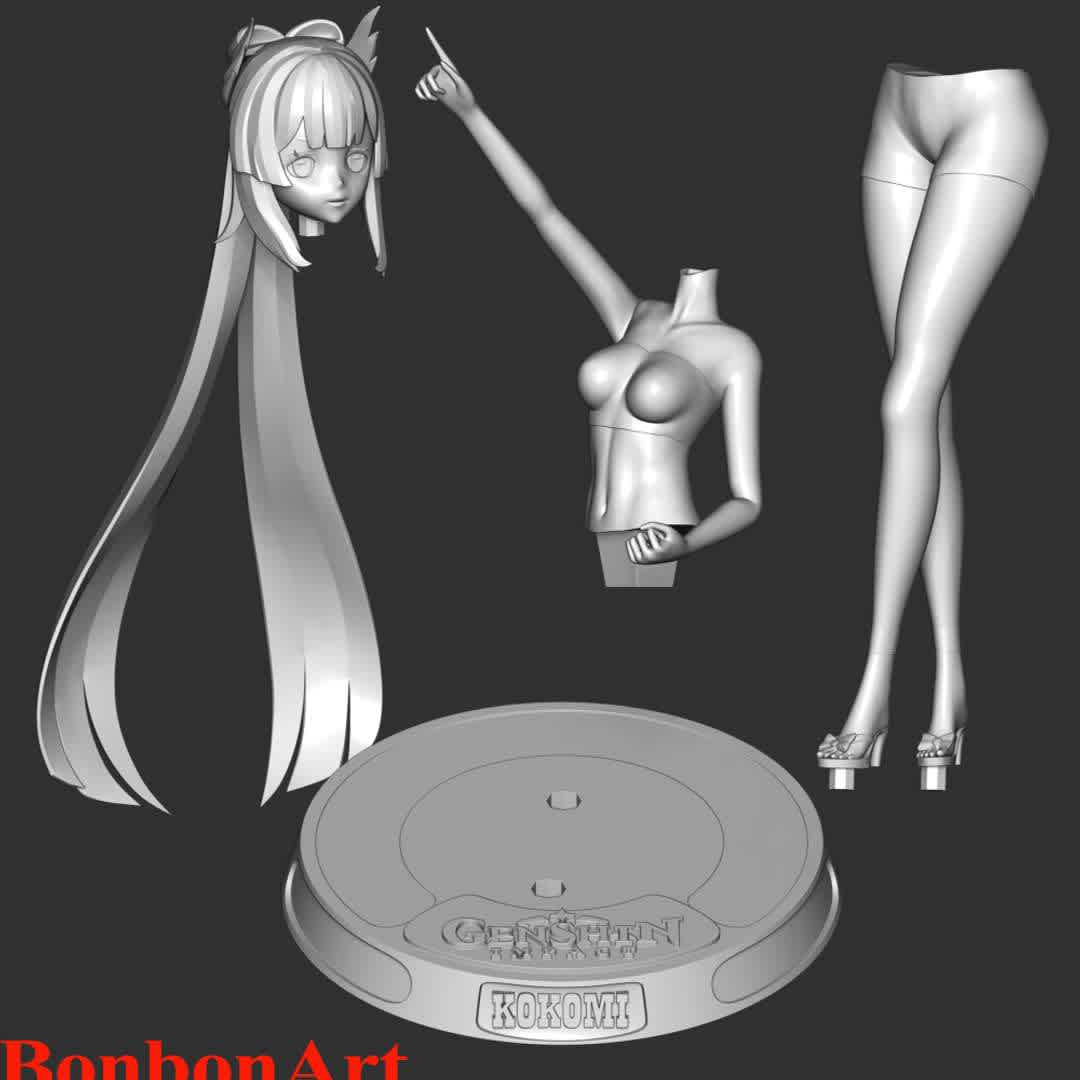 Kokomi - Genshin Impact - Sangonomiya Kokomi is a playable Hydro character in Genshin Impact.

These information of this model:

 - Files format: STL, OBJ (included 04 separated files is ready for 3D printing). 
 - Zbrush original file (ZTL) for you to customize as you like.
 - The height is 20 cm
 - The version 1.0. 

The model ready for 3D printing.
Hope you like her.
Don't hesitate to contact me if there are any problems during printing the model - The best files for 3D printing in the world. Stl models divided into parts to facilitate 3D printing. All kinds of characters, decoration, cosplay, prosthetics, pieces. Quality in 3D printing. Affordable 3D models. Low cost. Collective purchases of 3D files.