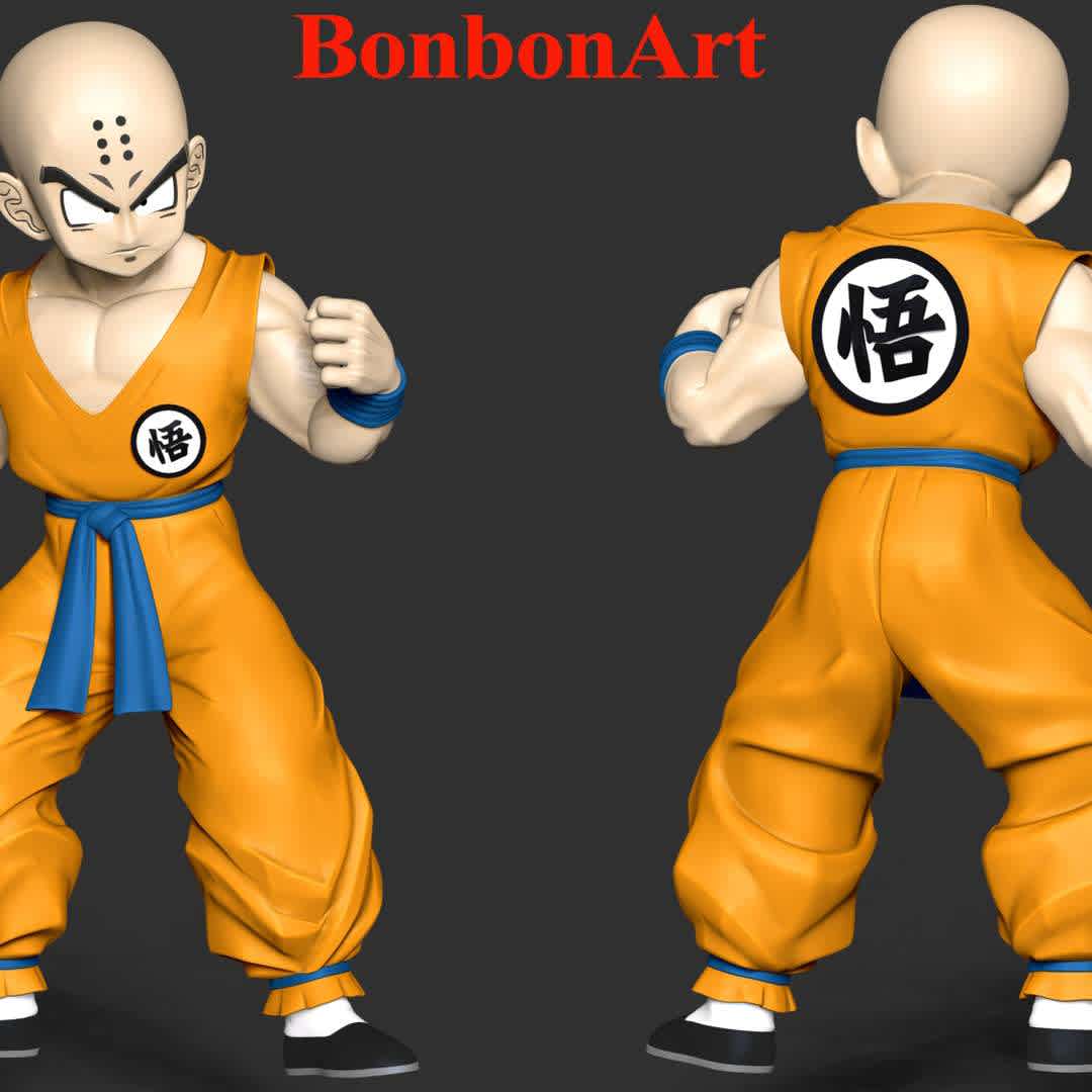 Krillin - Dragon Ball - Krillin (クリリン Kuririn) is a supporting protagonist in the Dragon Ball series.

These information details of this model:

 - Files format: STL, OBJ (included 03 separated files is ready for 3D printing). 
 - Zbrush original file (ZTL) for you to customize as you like.
 - The height is 20 cm
 - The version 1.0 

Hope you like him.
Don't hesitate to contact me if there are any problems during printing the model.  - The best files for 3D printing in the world. Stl models divided into parts to facilitate 3D printing. All kinds of characters, decoration, cosplay, prosthetics, pieces. Quality in 3D printing. Affordable 3D models. Low cost. Collective purchases of 3D files.