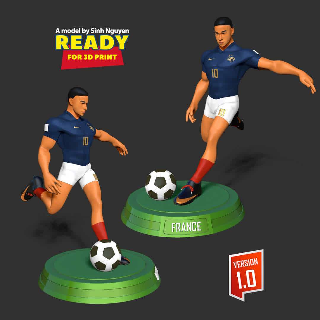 Kylian Mbappe - Although unable to win the championship, but Kylian Mbappe won the title of top scorer of the 2022 World Cup.

Basic parameters:

- STL, OBJ format for 3D printing with 4 discrete objects
- ZTL format for Zbrush (version 2019.1.2 or later)
- Model height: 25cm
- Version 1.0 - Polygons: 1372167 & Vertices: 794582

Model ready for 3D printing.

Please vote positively for me if you find this model useful. - The best files for 3D printing in the world. Stl models divided into parts to facilitate 3D printing. All kinds of characters, decoration, cosplay, prosthetics, pieces. Quality in 3D printing. Affordable 3D models. Low cost. Collective purchases of 3D files.