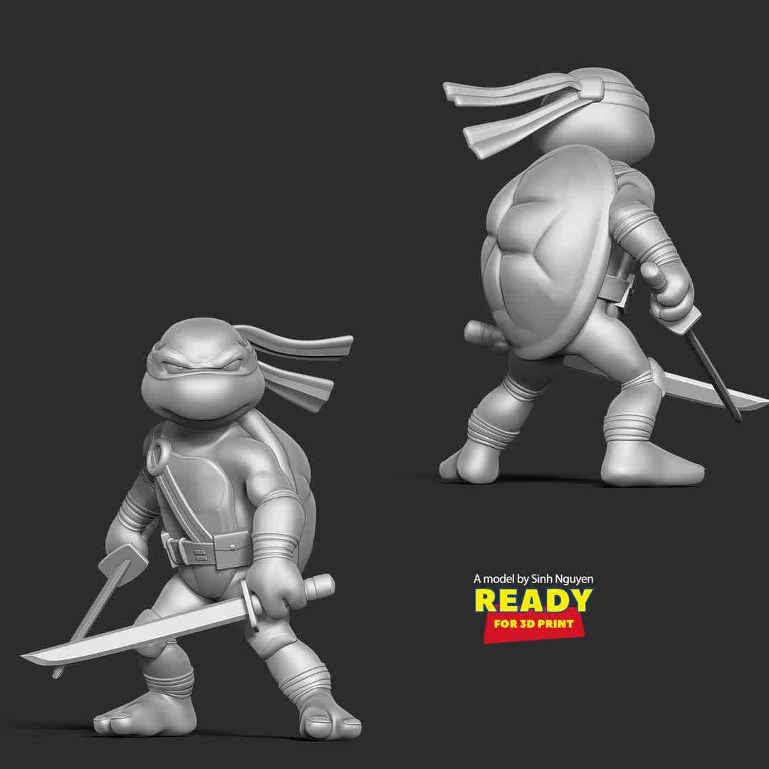 Leonardo - Teenage Mutant Ninja Turtles - "Leonardo, commonly nicknamed Leo, is a superhero appearing in Teenage Mutant Ninja Turtles comics."

Basic parameters:

- STL format for 3D printing with 06 discrete objects
- Model height: 18cm
- Version 1.0: Polygons: 1938849 & Vertices: 985551

Model ready for 3D printing.

Please vote positively for me if you find this model useful. - The best files for 3D printing in the world. Stl models divided into parts to facilitate 3D printing. All kinds of characters, decoration, cosplay, prosthetics, pieces. Quality in 3D printing. Affordable 3D models. Low cost. Collective purchases of 3D files.