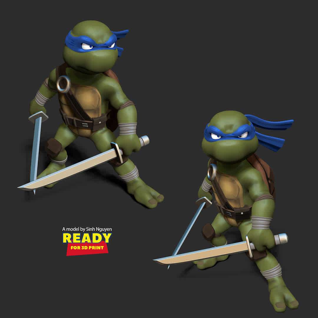 Leonardo - Teenage Mutant Ninja Turtles - "Leonardo, commonly nicknamed Leo, is a superhero appearing in Teenage Mutant Ninja Turtles comics."

Basic parameters:

- STL format for 3D printing with 06 discrete objects
- Model height: 18cm
- Version 1.0: Polygons: 1938849 & Vertices: 985551

Model ready for 3D printing.

Please vote positively for me if you find this model useful. - The best files for 3D printing in the world. Stl models divided into parts to facilitate 3D printing. All kinds of characters, decoration, cosplay, prosthetics, pieces. Quality in 3D printing. Affordable 3D models. Low cost. Collective purchases of 3D files.