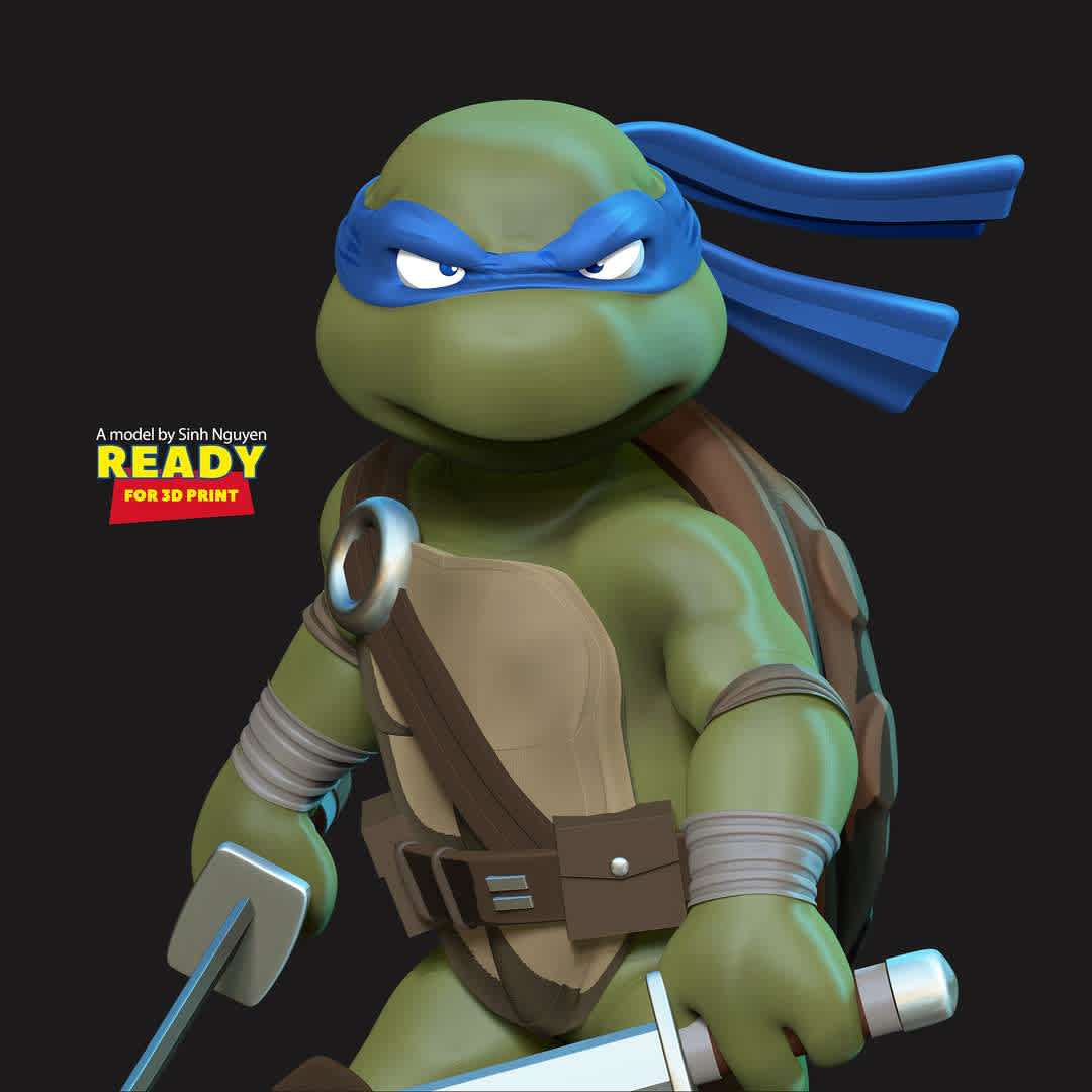 Leonardo - Teenage Mutant Ninja Turtles - "Leonardo, commonly nicknamed Leo, is a superhero appearing in Teenage Mutant Ninja Turtles comics."

Basic parameters:

- STL format for 3D printing with 06 discrete objects
- Model height: 18cm
- Version 1.0: Polygons: 1938849 & Vertices: 985551

Model ready for 3D printing.

Please vote positively for me if you find this model useful. - The best files for 3D printing in the world. Stl models divided into parts to facilitate 3D printing. All kinds of characters, decoration, cosplay, prosthetics, pieces. Quality in 3D printing. Affordable 3D models. Low cost. Collective purchases of 3D files.