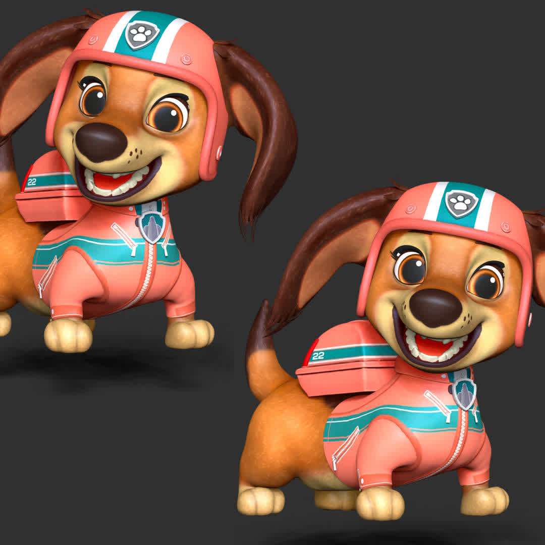 Liberty PAW Patrol The Movie - **Liberty is a long-haired Dachshund who grew up and lives in Adventure City.**

**These informations basic of this model:**

- The model ready for 3D printing.
- The model current size is 20cm height, but you are free to scale it.
- Files format: STL, OBJ (included 02 separated files is ready for 3D printing).
- Also includes Zbrush original file (ZTL) for you to customize as you like.

Hope you like it.
If you have any questions please don't hesitate to contact me. I will respond you ASAP. - Los mejores archivos para impresión 3D del mundo. Modelos Stl divididos en partes para facilitar la impresión 3D. Todo tipo de personajes, decoración, cosplay, prótesis, piezas. Calidad en impresión 3D. Modelos 3D asequibles. Bajo costo. Compras colectivas de archivos 3D.