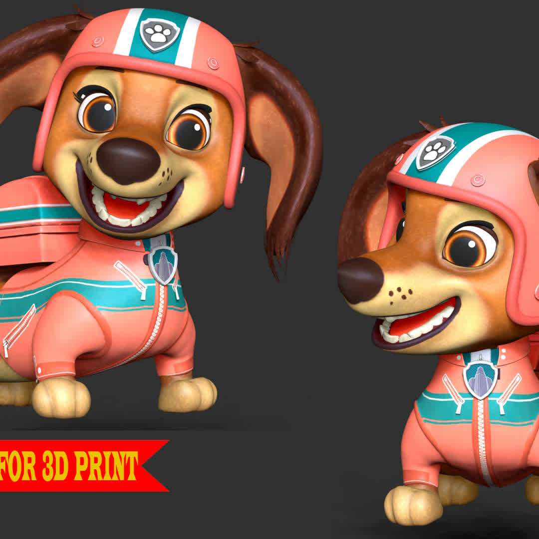 Liberty PAW Patrol The Movie - **Liberty is a long-haired Dachshund who grew up and lives in Adventure City.**

**These informations basic of this model:**

- The model ready for 3D printing.
- The model current size is 20cm height, but you are free to scale it.
- Files format: STL, OBJ (included 02 separated files is ready for 3D printing).
- Also includes Zbrush original file (ZTL) for you to customize as you like.

Hope you like it.
If you have any questions please don't hesitate to contact me. I will respond you ASAP. - Los mejores archivos para impresión 3D del mundo. Modelos Stl divididos en partes para facilitar la impresión 3D. Todo tipo de personajes, decoración, cosplay, prótesis, piezas. Calidad en impresión 3D. Modelos 3D asequibles. Bajo costo. Compras colectivas de archivos 3D.