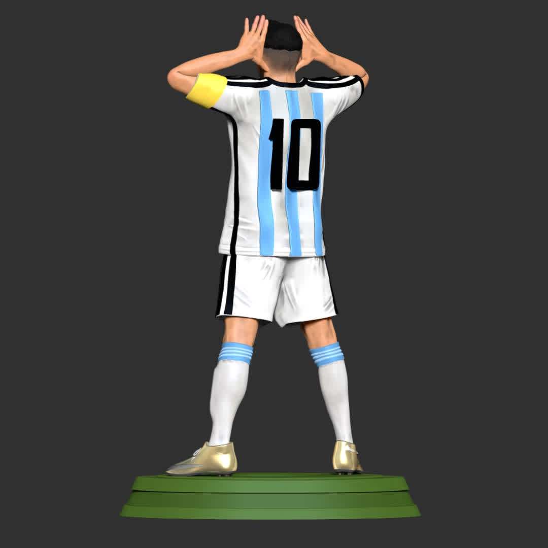 Lionel Messi - World Cup 2022 - I think after winning the World Cup 2022, in the eyes of many people, Messi is the greatest player in the history of world football!

Messi:_ ¿Qué mirás, bobo? Andá payá_

Basic parameters:

- STL, OBJ format for 3D printing with 4 discrete objects
- ZTL format for Zbrush (version 2019.1.2 or later)
- Model height: 25cm
- Version 1.0 - Polygons: 1701433 & Vertices: 907708

Model ready for 3D printing.

Please vote positively for me if you find this model useful. - Los mejores archivos para impresión 3D del mundo. Modelos Stl divididos en partes para facilitar la impresión 3D. Todo tipo de personajes, decoración, cosplay, prótesis, piezas. Calidad en impresión 3D. Modelos 3D asequibles. Bajo costo. Compras colectivas de archivos 3D.