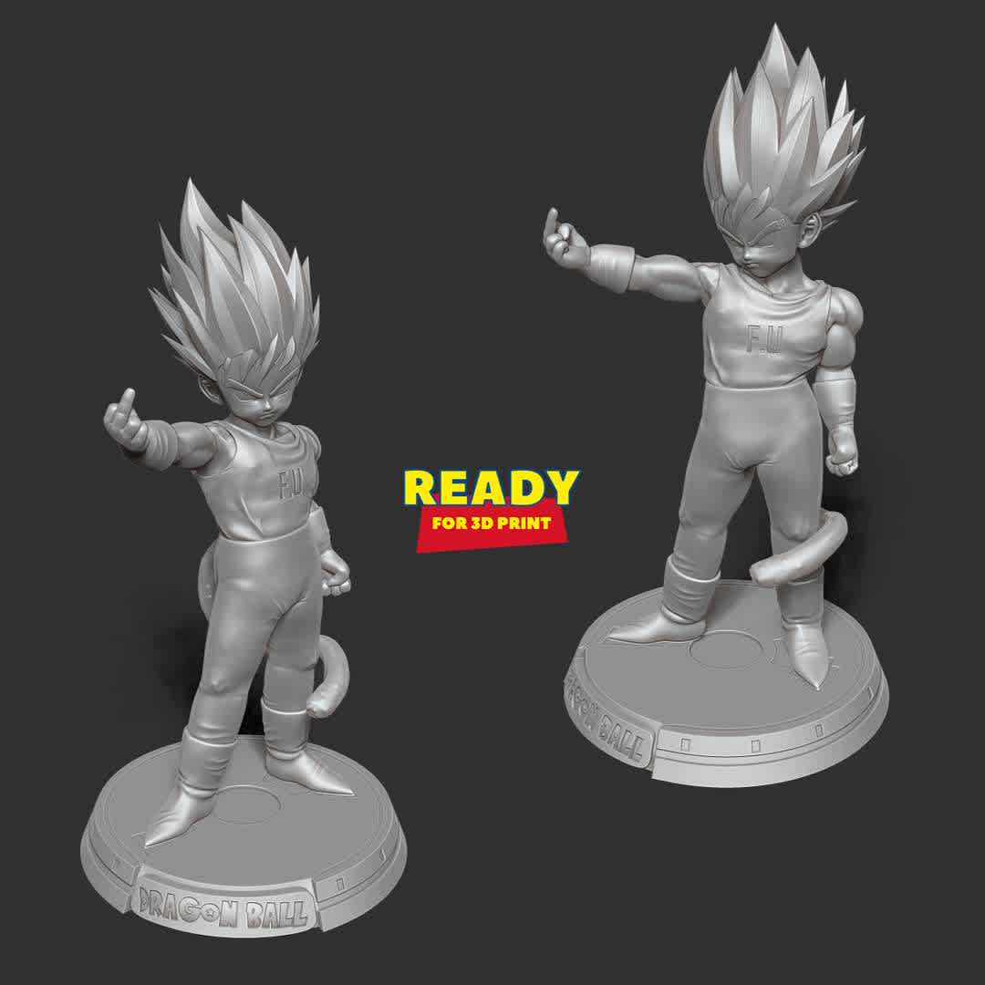 Little Prince Vegeta - Don't let Vegeta get angry!!! The consequences are unpredictable.

Basic parameters:

- STL, OBJ format for 3D printing with 04 discrete objects
- ZTL format for Zbrush (version 2019.1.2 or later)
- Model height: 20cm
- Version 1.0 - Polygons: 1582480 & Vertices: 842480
Model ready for 3D printing.

Please vote positively for me if you find this model useful. - The best files for 3D printing in the world. Stl models divided into parts to facilitate 3D printing. All kinds of characters, decoration, cosplay, prosthetics, pieces. Quality in 3D printing. Affordable 3D models. Low cost. Collective purchases of 3D files.