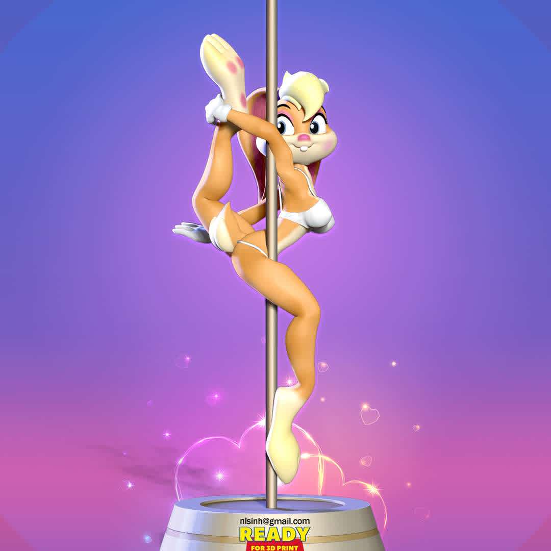 Lola Bunny - Pole Dancing Fanart - Lola Bunny is a Looney Tunes cartoon character portrayed as an anthropomorphic female rabbit created by Warner Bros. Pictures.

When you purchase this model, you will own:

- STL, OBJ file with 04 separated files (with key to connect together) is ready for 3D printing.

- Zbrush original files (ZTL) for you to customize as you like.

This is version 1.0 of this model.

Thanks for viewing! - The best files for 3D printing in the world. Stl models divided into parts to facilitate 3D printing. All kinds of characters, decoration, cosplay, prosthetics, pieces. Quality in 3D printing. Affordable 3D models. Low cost. Collective purchases of 3D files.