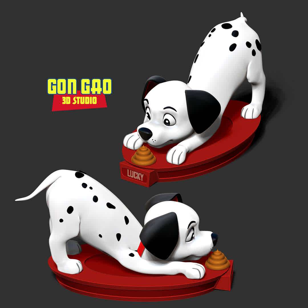 Lucky - 101 dalmatians - "Lucky is one of the most prominently known of the Dalmatian puppies from Disney's 1961 film One Hundred and One Dalmatians."

Basic parameters:

- STL format for 3D printing with 06 discrete objects
- Model height: 15 cm
- Version 1.0 - Polygons: 1303541 & Vertices: 817833

Model ready for 3D printing.

Please vote positively for me if you find this model useful. - Os melhores arquivos para impressão 3D do mundo. Modelos stl divididos em partes para facilitar a impressão 3D. Todos os tipos de personagens, decoração, cosplay, próteses, peças. Qualidade na impressão 3D. Modelos 3D com preço acessível. Baixo custo. Compras coletivas de arquivos 3D.