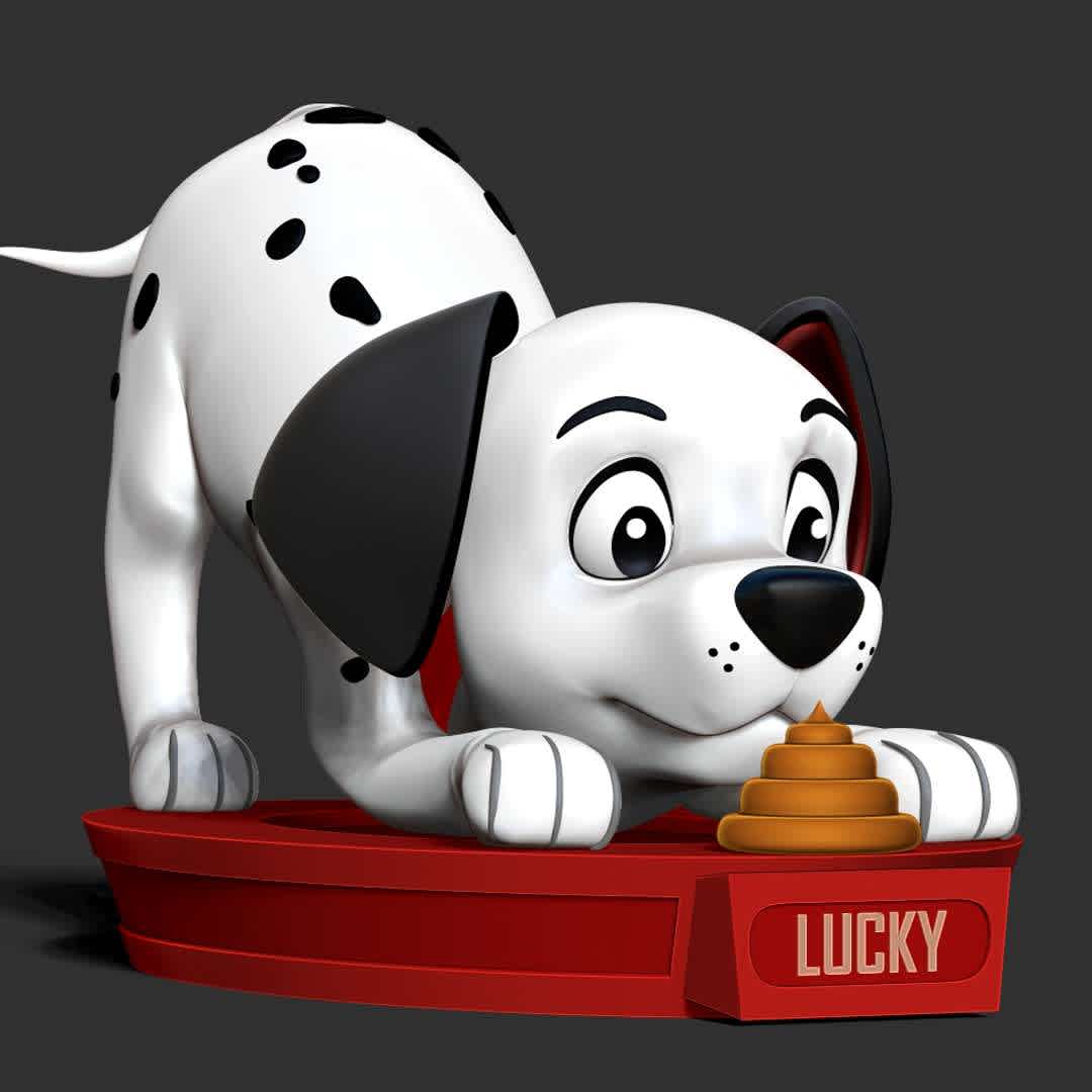 Lucky - 101 dalmatians - "Lucky is one of the most prominently known of the Dalmatian puppies from Disney's 1961 film One Hundred and One Dalmatians."

Basic parameters:

- STL format for 3D printing with 06 discrete objects
- Model height: 15 cm
- Version 1.0 - Polygons: 1303541 & Vertices: 817833

Model ready for 3D printing.

Please vote positively for me if you find this model useful. - Os melhores arquivos para impressão 3D do mundo. Modelos stl divididos em partes para facilitar a impressão 3D. Todos os tipos de personagens, decoração, cosplay, próteses, peças. Qualidade na impressão 3D. Modelos 3D com preço acessível. Baixo custo. Compras coletivas de arquivos 3D.