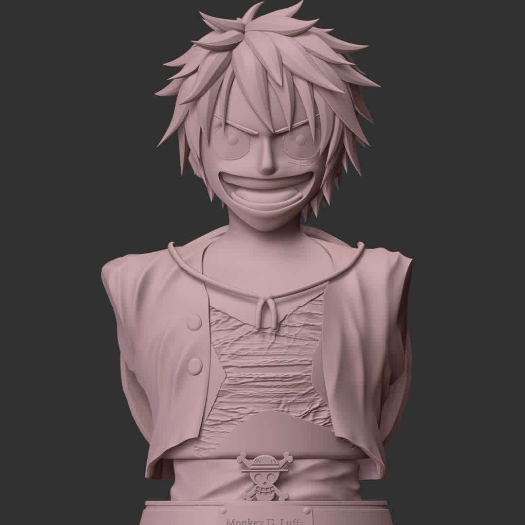 Luffy Bust - One Piece - These information of model:

**- The height of current model is 20 cm and you can free to scale it.**

**- Format files: STL, OBJ to supporting 3D printing.**

Please don't hesitate to contact me if you have any issues question. - The best files for 3D printing in the world. Stl models divided into parts to facilitate 3D printing. All kinds of characters, decoration, cosplay, prosthetics, pieces. Quality in 3D printing. Affordable 3D models. Low cost. Collective purchases of 3D files.