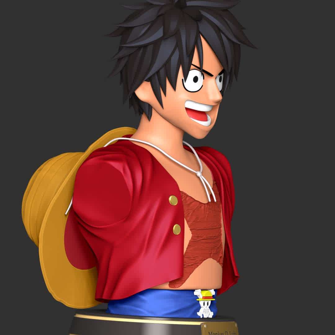 Luffy Bust - One Piece - These information of model:

**- The height of current model is 20 cm and you can free to scale it.**

**- Format files: STL, OBJ to supporting 3D printing.**

Please don't hesitate to contact me if you have any issues question. - The best files for 3D printing in the world. Stl models divided into parts to facilitate 3D printing. All kinds of characters, decoration, cosplay, prosthetics, pieces. Quality in 3D printing. Affordable 3D models. Low cost. Collective purchases of 3D files.