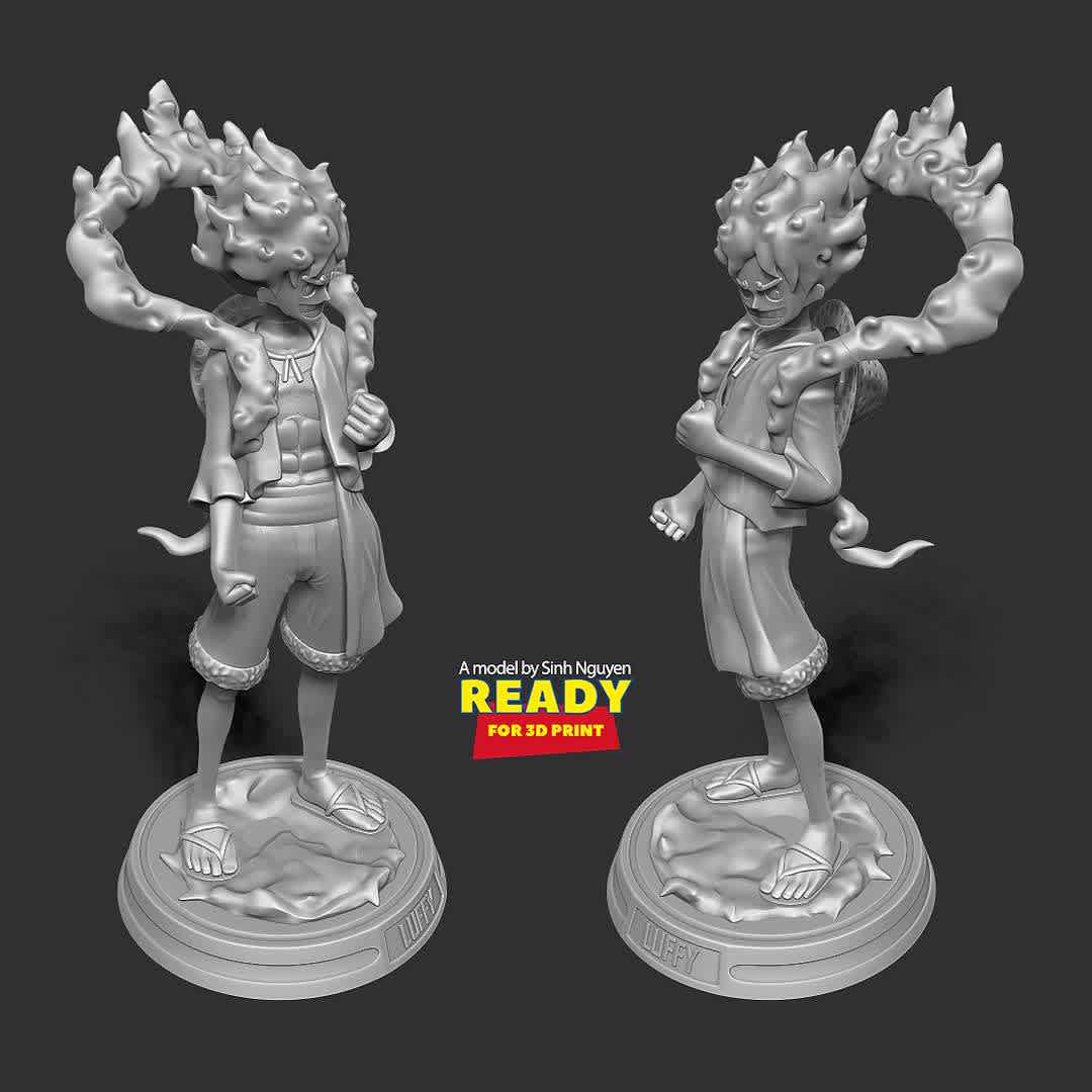 Luffy Gear 5 - One Piece  - "Luffy's Gear 5 finally made its anime debut in Episode 1,071; during Luffy's face-off against Kaido."

Basic parameters:

- STL format for 3D printing with 06 discrete objects
- Model height: 30cm
- Version 1.0: Polygons: 3103097 & Vertices: 2098684

Model ready for 3D printing.

Please vote positively for me if you find this model useful. - Los mejores archivos para impresión 3D del mundo. Modelos Stl divididos en partes para facilitar la impresión 3D. Todo tipo de personajes, decoración, cosplay, prótesis, piezas. Calidad en impresión 3D. Modelos 3D asequibles. Bajo costo. Compras colectivas de archivos 3D.