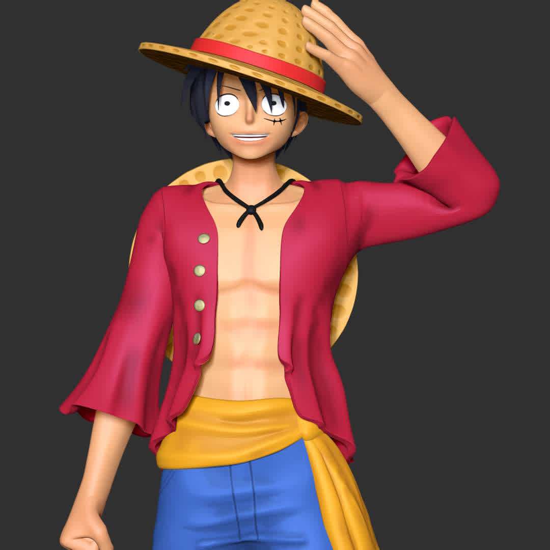 Luffy - One Piece Fan art  - After receiving feedback from a customer, I completely remake this model.

Information: This model has a height of 15cm.

I have divided the individual parts to make it easy for 3D printing:

OBJ, STL files are ready for 3D printing.

Zbrush original files for you to customize as you like.

26th Jan, 2020: This is version 1.0 of this model.

18th May, 2022: version 1.1 - Check the whole model and fix it. Establish key, split into 9 objects to get ready for 3D printing.

Thanks very much for viewing my model. Hope you guys like him.

Best regards! - Os melhores arquivos para impressão 3D do mundo. Modelos stl divididos em partes para facilitar a impressão 3D. Todos os tipos de personagens, decoração, cosplay, próteses, peças. Qualidade na impressão 3D. Modelos 3D com preço acessível. Baixo custo. Compras coletivas de arquivos 3D.