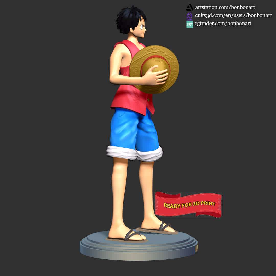 Luffy- One Piece - When you purchase this model, you will own:

  - STL, OBJ file with 04 separated files (included key to connect parts) is ready for 3D printing.
  - Zbrush original files (ZTL) for you to customize as you like.

This is version 1.0 of this model.
Thanks for viewing! Hope you like him. - The best files for 3D printing in the world. Stl models divided into parts to facilitate 3D printing. All kinds of characters, decoration, cosplay, prosthetics, pieces. Quality in 3D printing. Affordable 3D models. Low cost. Collective purchases of 3D files.