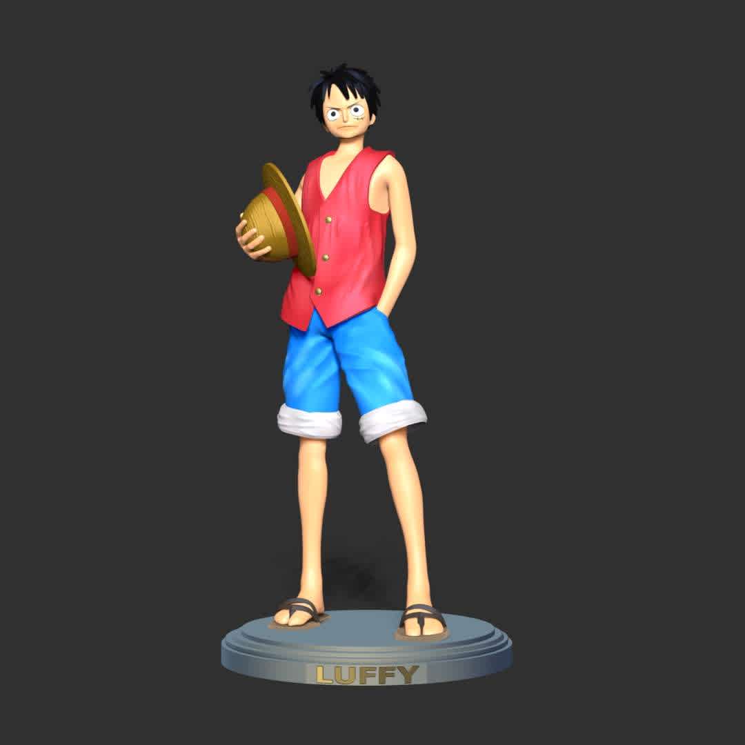 Luffy- One Piece - When you purchase this model, you will own:

  - STL, OBJ file with 04 separated files (included key to connect parts) is ready for 3D printing.
  - Zbrush original files (ZTL) for you to customize as you like.

This is version 1.0 of this model.
Thanks for viewing! Hope you like him. - The best files for 3D printing in the world. Stl models divided into parts to facilitate 3D printing. All kinds of characters, decoration, cosplay, prosthetics, pieces. Quality in 3D printing. Affordable 3D models. Low cost. Collective purchases of 3D files.