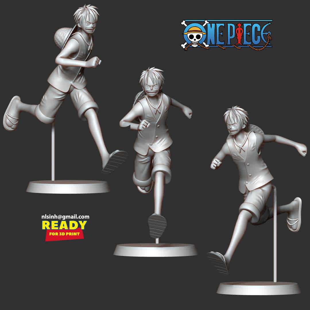 Luffy running  - As a One Piece fan, I love the poses of the characters in this series.

Information: this model has a height of 15cm.

When you purchase this model, you will own:

STL, OBJ file with 06 separated files (with key to connect together) is ready for 3D printing.
Zbrush original files (ZTL) for you to customize as you like.
12th August, 2020: This is version 1.0 of this model.

9th June, 2022: version 1.1 - Refine the image, fix the entire model & Merge separate objects together and create keys for them.

Thank you for viewing this product. If you like it, please give me a positive vote. - Los mejores archivos para impresión 3D del mundo. Modelos Stl divididos en partes para facilitar la impresión 3D. Todo tipo de personajes, decoración, cosplay, prótesis, piezas. Calidad en impresión 3D. Modelos 3D asequibles. Bajo costo. Compras colectivas de archivos 3D.