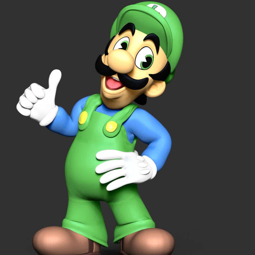 Luigi - Super Mario Bros. - Luigi is a fictional character featured in video games and related media released by Nintendo. Created by Japanese video game designer Shigeru Miyamoto, Luigi is portrayed as the younger fraternal twin brother and sidekick of Mario, Nintendo's mascot. Luigi appears in many games throughout the Mario franchise, oftentimes accompanying his brother.

These information details of this model:

- Files format: STL, OBJ (included 02 separated files is ready for 3D printing). 
 - Zbrush original file (ZTL) for you to customize as you like.
 - The height is 15 cm
 - The version 1.0 

Hope you like him.
Don't hesitate to contact me if there are any problems during printing the model. - The best files for 3D printing in the world. Stl models divided into parts to facilitate 3D printing. All kinds of characters, decoration, cosplay, prosthetics, pieces. Quality in 3D printing. Affordable 3D models. Low cost. Collective purchases of 3D files.