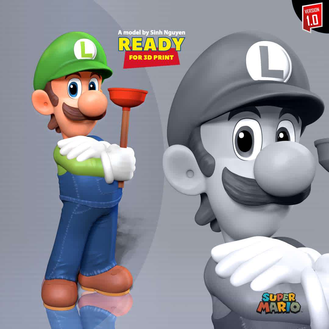 Luigi - The Super Mario Bros - "Let's go to the cinema to enjoy THE SUPER MARIO BROS movie and let's relive our childhood."

Basic parameters:

- STL, OBJ format for 3D printing with 03 discrete objects
- ZTL format for Zbrush (version 2019.1.2 or later)
- Model height: 15cm
- Version 1.0 - Polygons: 1195709 & Vertices: 644860

Model ready for 3D printing.

Please vote positively for me if you find this model useful. - Los mejores archivos para impresión 3D del mundo. Modelos Stl divididos en partes para facilitar la impresión 3D. Todo tipo de personajes, decoración, cosplay, prótesis, piezas. Calidad en impresión 3D. Modelos 3D asequibles. Bajo costo. Compras colectivas de archivos 3D.