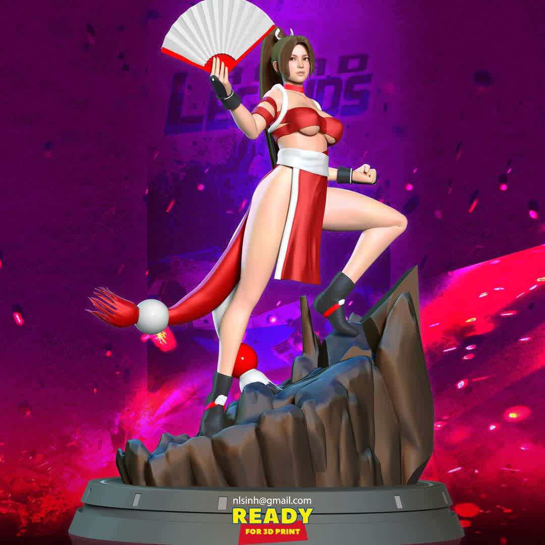 Mai Shiranui Fanart - Mai Shiranui is a fictional character in the Fatal Fury and The King of Fighters series of fighting games by SNK.

When you purchase this model, you will own:

- STL, OBJ file with 07 separated files (with key to connect together) is ready for 3D printing.

- Zbrush original files (ZTL) for you to customize as you like.

This is version 1.0 of this model.

Thanks for viewing! - Os melhores arquivos para impressão 3D do mundo. Modelos stl divididos em partes para facilitar a impressão 3D. Todos os tipos de personagens, decoração, cosplay, próteses, peças. Qualidade na impressão 3D. Modelos 3D com preço acessível. Baixo custo. Compras coletivas de arquivos 3D.