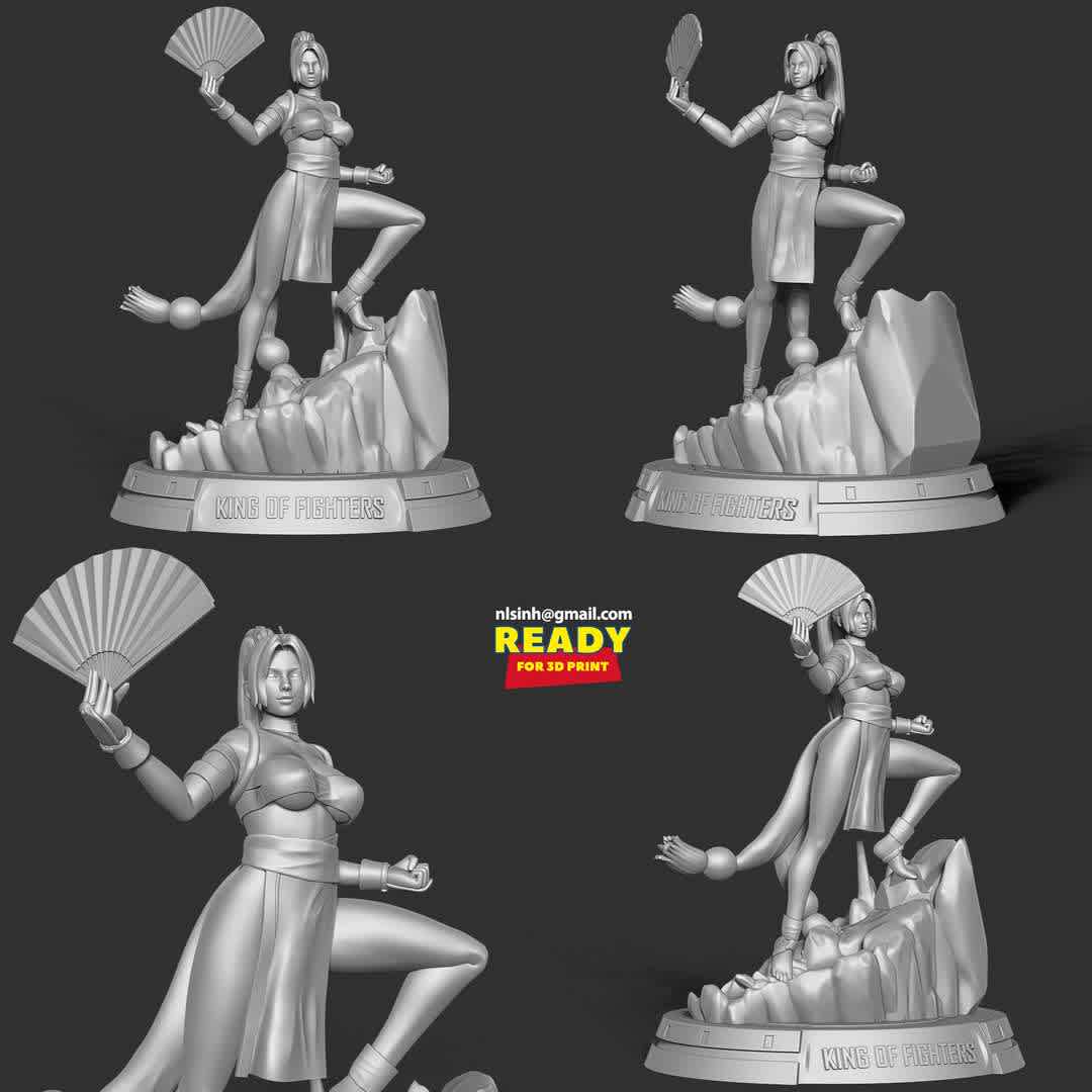 Mai Shiranui Fanart - Mai Shiranui is a fictional character in the Fatal Fury and The King of Fighters series of fighting games by SNK.

When you purchase this model, you will own:

- STL, OBJ file with 07 separated files (with key to connect together) is ready for 3D printing.

- Zbrush original files (ZTL) for you to customize as you like.

This is version 1.0 of this model.

Thanks for viewing! - Os melhores arquivos para impressão 3D do mundo. Modelos stl divididos em partes para facilitar a impressão 3D. Todos os tipos de personagens, decoração, cosplay, próteses, peças. Qualidade na impressão 3D. Modelos 3D com preço acessível. Baixo custo. Compras coletivas de arquivos 3D.