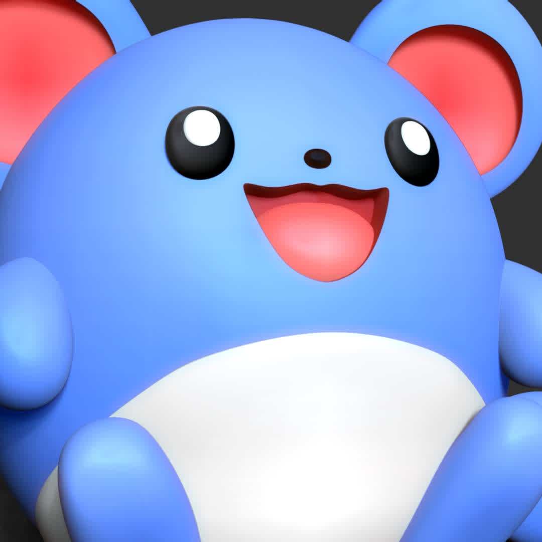 Marill - Pokemon Fanart  - Marill is a Water/Fairy-type Pokémon introduced in Generation II.

- Information: this model has a height of 12cm

When you purchase this model, you will own:

01. STL, OBJ file with 02 separated files (with key to connect together) is ready for 3D printing.
02. Zbrush original files (ZTL) for you to customize as you like.

** This is version 1.0 of this model.

Hope you like him. Please vote positively for me if it is useful to you. Thanks so much!!!! - Os melhores arquivos para impressão 3D do mundo. Modelos stl divididos em partes para facilitar a impressão 3D. Todos os tipos de personagens, decoração, cosplay, próteses, peças. Qualidade na impressão 3D. Modelos 3D com preço acessível. Baixo custo. Compras coletivas de arquivos 3D.