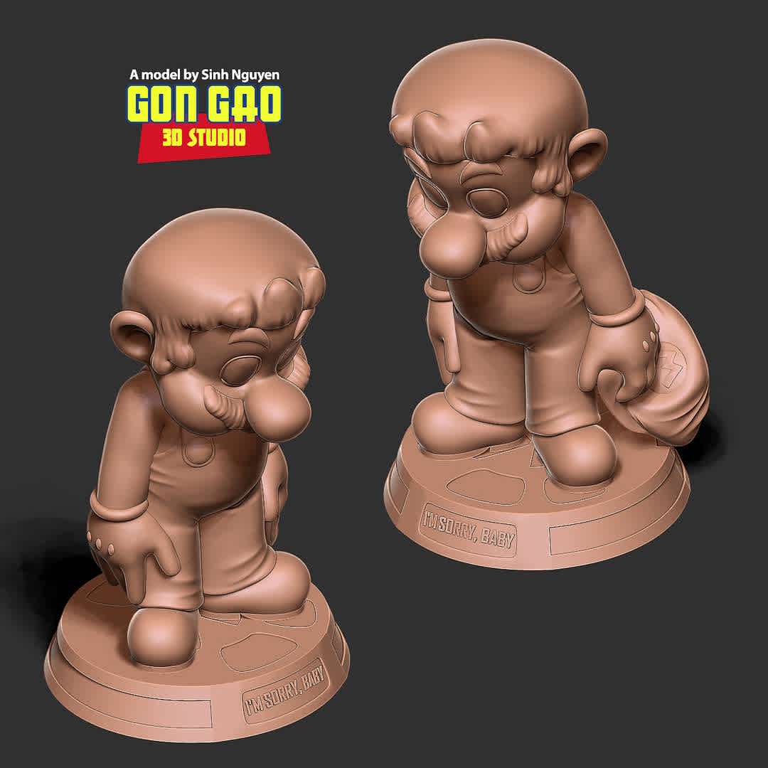 Mario is sorry - Mario: "I'm sorry, baby!"

Basic parameters:

- STL, OBJ format for 3D printing with 02 discrete objects
- Model height: 15cm
- Version 1.0: Polygons: 1185233 & Vertices: 681774

Model ready for 3D printing.

Please vote positively for me if you find this model useful. - Los mejores archivos para impresión 3D del mundo. Modelos Stl divididos en partes para facilitar la impresión 3D. Todo tipo de personajes, decoración, cosplay, prótesis, piezas. Calidad en impresión 3D. Modelos 3D asequibles. Bajo costo. Compras colectivas de archivos 3D.