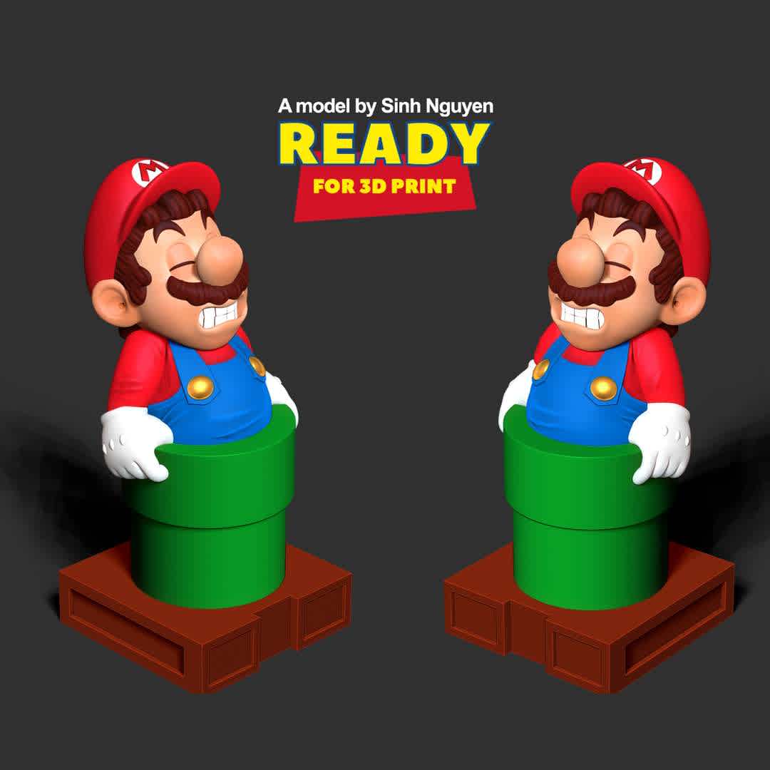 Mario is stuck in a pipe - "Do you think Mario needs to lose weight to be able to go through the water pipe?"

Basic parameters:

- STL, OBJ format for 3D printing with 02 discrete objects
- ZTL format for Zbrush (version 2019.1.2 or later)
- Model height: 15cm
- Version 1.0 - Polygons: 1173744 & Vertices: 643852

Model ready for 3D printing.

Please vote positively for me if you find this model useful. - The best files for 3D printing in the world. Stl models divided into parts to facilitate 3D printing. All kinds of characters, decoration, cosplay, prosthetics, pieces. Quality in 3D printing. Affordable 3D models. Low cost. Collective purchases of 3D files.