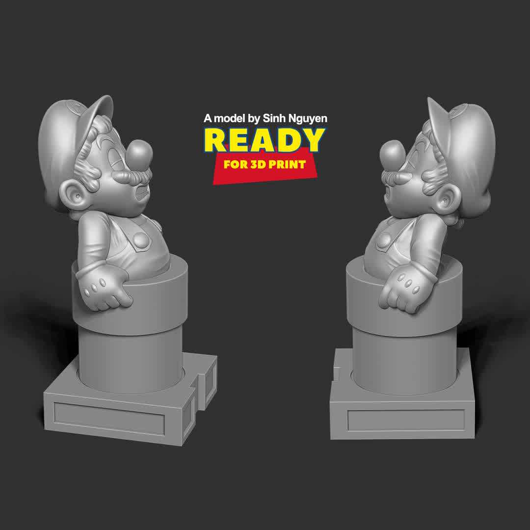 Mario is stuck in a pipe - "Do you think Mario needs to lose weight to be able to go through the water pipe?"

Basic parameters:

- STL, OBJ format for 3D printing with 02 discrete objects
- ZTL format for Zbrush (version 2019.1.2 or later)
- Model height: 15cm
- Version 1.0 - Polygons: 1173744 & Vertices: 643852

Model ready for 3D printing.

Please vote positively for me if you find this model useful. - Los mejores archivos para impresión 3D del mundo. Modelos Stl divididos en partes para facilitar la impresión 3D. Todo tipo de personajes, decoración, cosplay, prótesis, piezas. Calidad en impresión 3D. Modelos 3D asequibles. Bajo costo. Compras colectivas de archivos 3D.