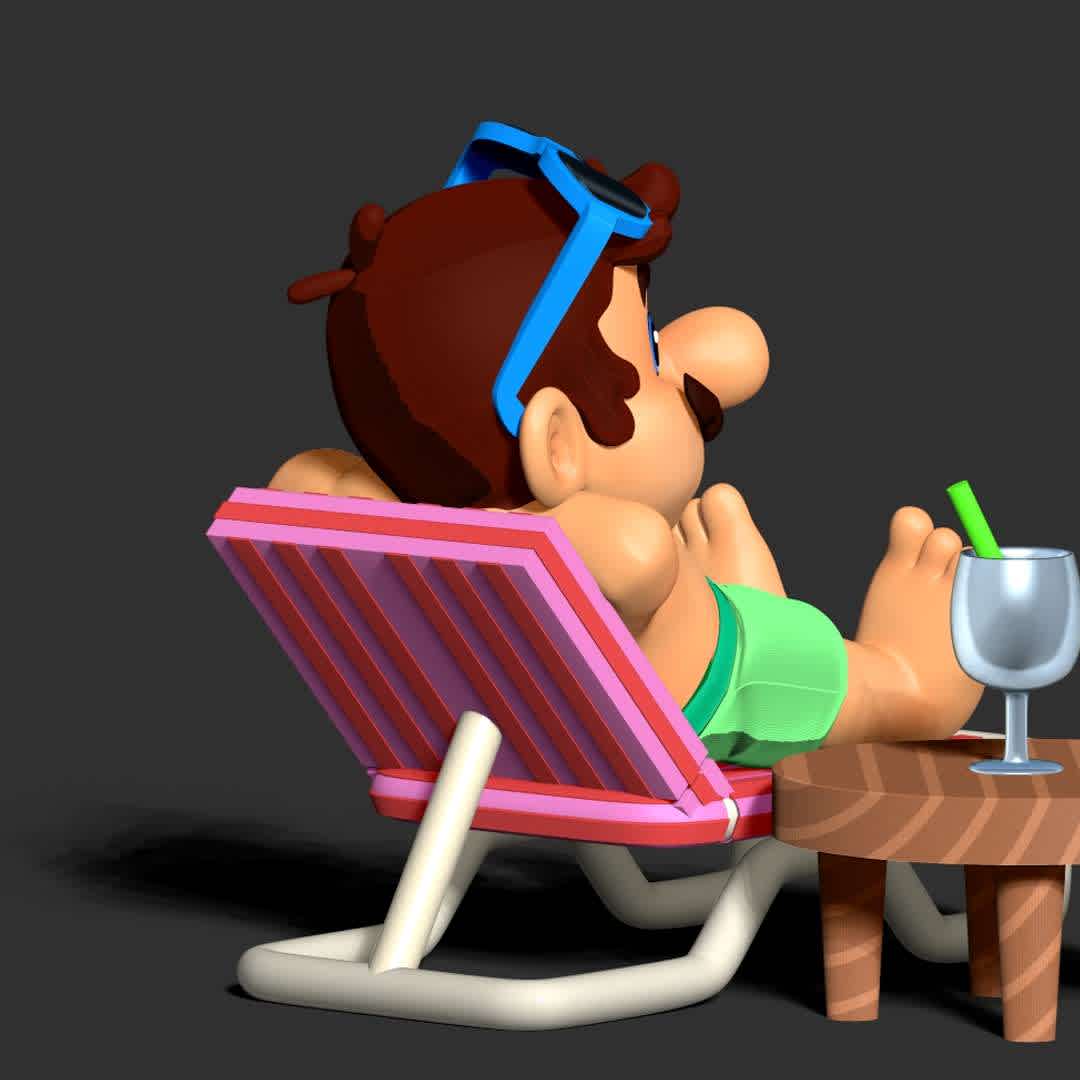 Mario on summer vacation - "In the hot summer, it's better to go to the beach to cool off."

Basic parameters:

- STL format for 3D printing with 05 discrete objects
- Model height: 14cm
- Version 1.0 - Polygons: 1450866 & Vertices: 743442

Model ready for 3D printing.

Please vote positively for me if you find this model useful. - Os melhores arquivos para impressão 3D do mundo. Modelos stl divididos em partes para facilitar a impressão 3D. Todos os tipos de personagens, decoração, cosplay, próteses, peças. Qualidade na impressão 3D. Modelos 3D com preço acessível. Baixo custo. Compras coletivas de arquivos 3D.