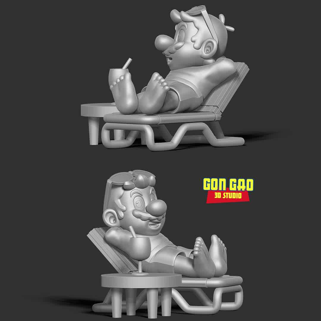 Mario on summer vacation - "In the hot summer, it's better to go to the beach to cool off."

Basic parameters:

- STL format for 3D printing with 05 discrete objects
- Model height: 14cm
- Version 1.0 - Polygons: 1450866 & Vertices: 743442

Model ready for 3D printing.

Please vote positively for me if you find this model useful. - Os melhores arquivos para impressão 3D do mundo. Modelos stl divididos em partes para facilitar a impressão 3D. Todos os tipos de personagens, decoração, cosplay, próteses, peças. Qualidade na impressão 3D. Modelos 3D com preço acessível. Baixo custo. Compras coletivas de arquivos 3D.