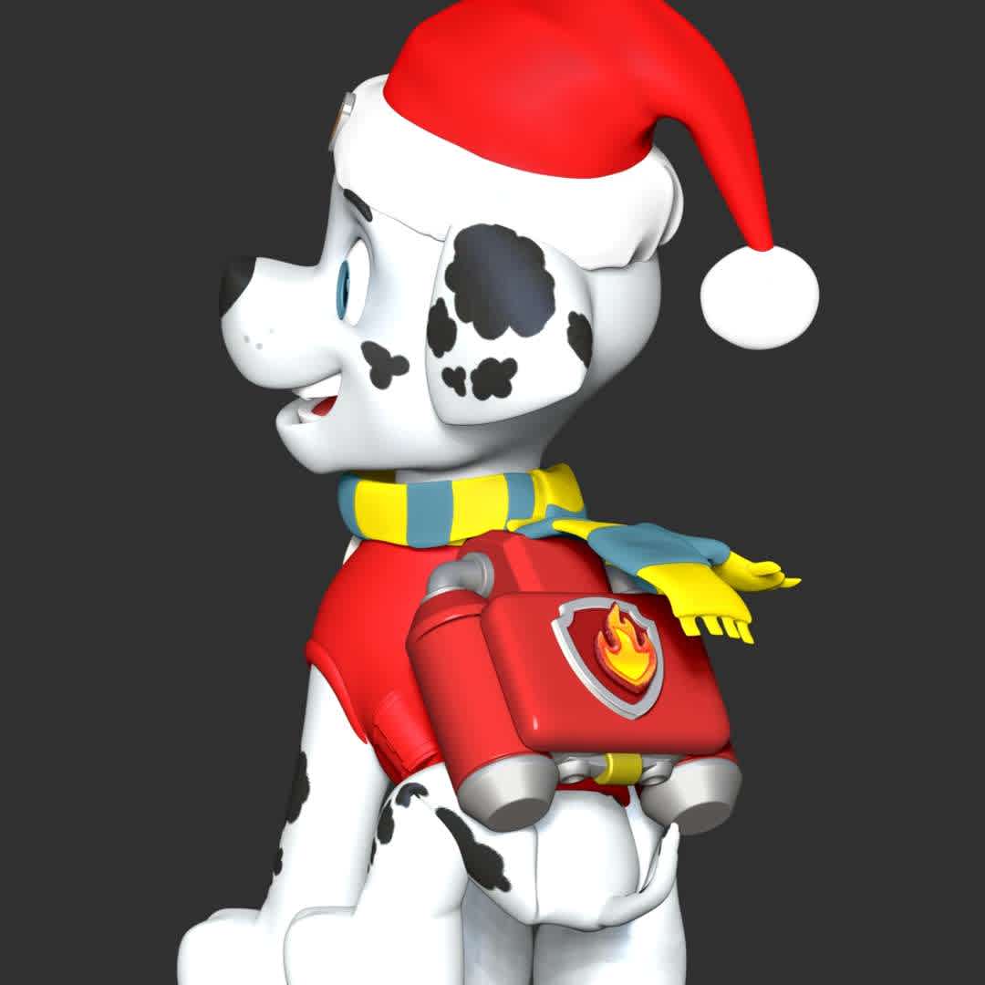 Marshall Christmas - Paw Patrol - 
**Let's celebrate Christmas with Marshall Paw Patrol**

These information of model:

**- The height of current model is 20 cm and you can free to scale it.**

**- Format files: STL, OBJ to supporting 3D printing.**

Please don't hesitate to contact me if you have any issues question. - Los mejores archivos para impresión 3D del mundo. Modelos Stl divididos en partes para facilitar la impresión 3D. Todo tipo de personajes, decoración, cosplay, prótesis, piezas. Calidad en impresión 3D. Modelos 3D asequibles. Bajo costo. Compras colectivas de archivos 3D.